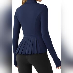 Women's Navy Long-Sleeve Pleated Peplum Zip-Up Top